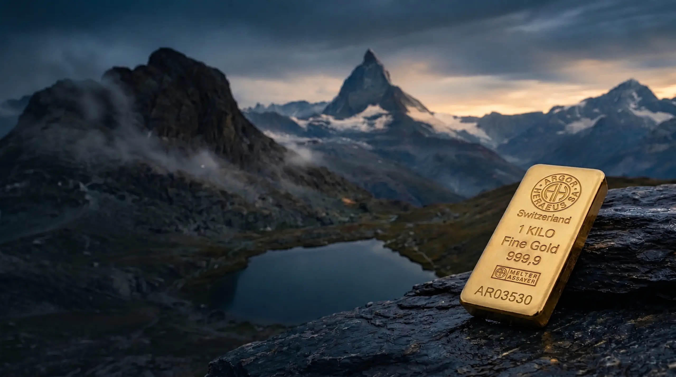 Schweizer Alpen mit physischem Goldbarren